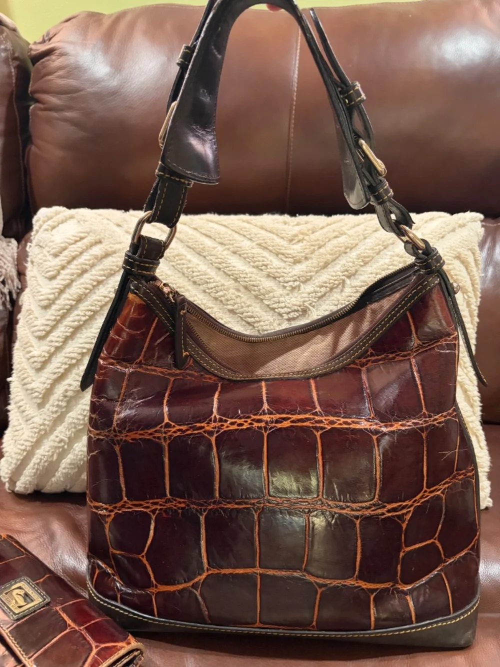 Dooney & Bourke: Handbag and Wallet: Cognac, Croc Embossed Leather Hobo Handbag